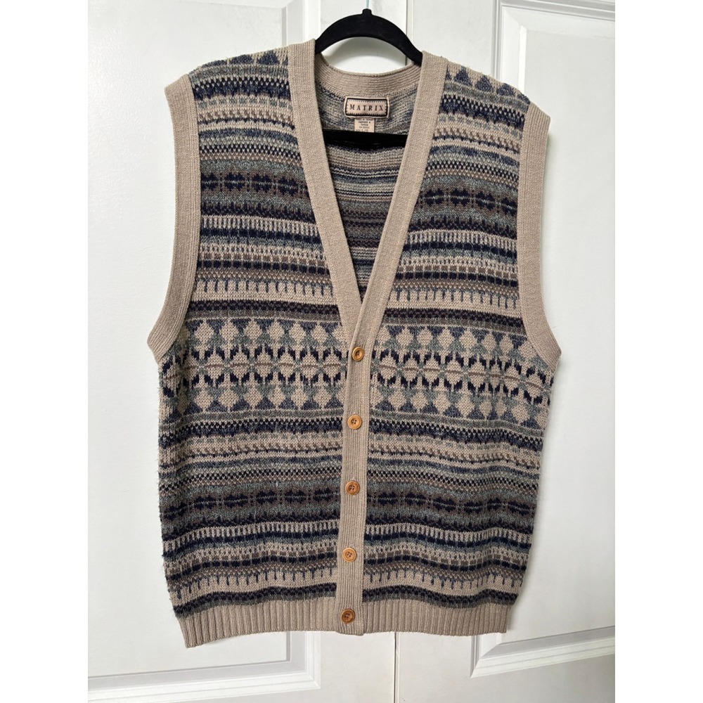 Matrix Mens Vintage Fair Isle Sweater Vest Tan Blue Wool Blend Size Large